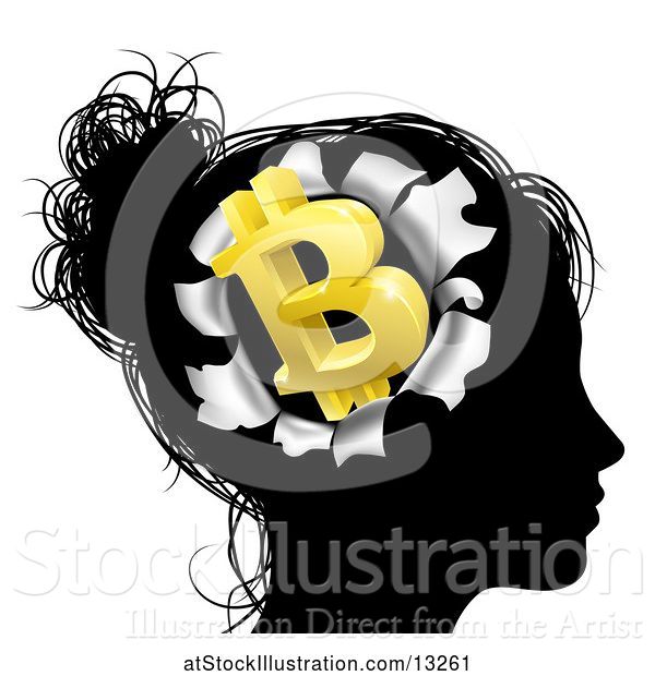 Vector Illustration of Black Silhouetted Lady's Head with a 3d Gold Bitcoin Symbol Breaking Out, Thinking About Money