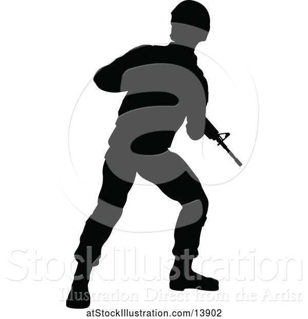 Vector Illustration of Black Silhouetted Male Armed Soldier