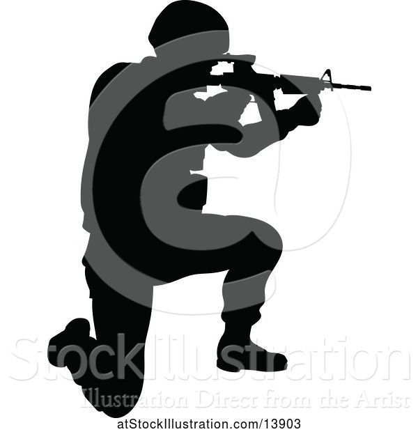 Vector Illustration of Black Silhouetted Male Armed Soldier