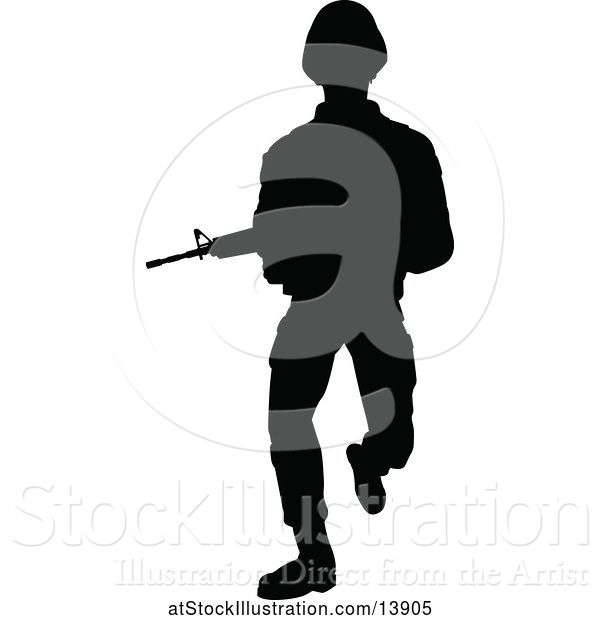 Vector Illustration of Black Silhouetted Male Armed Soldier