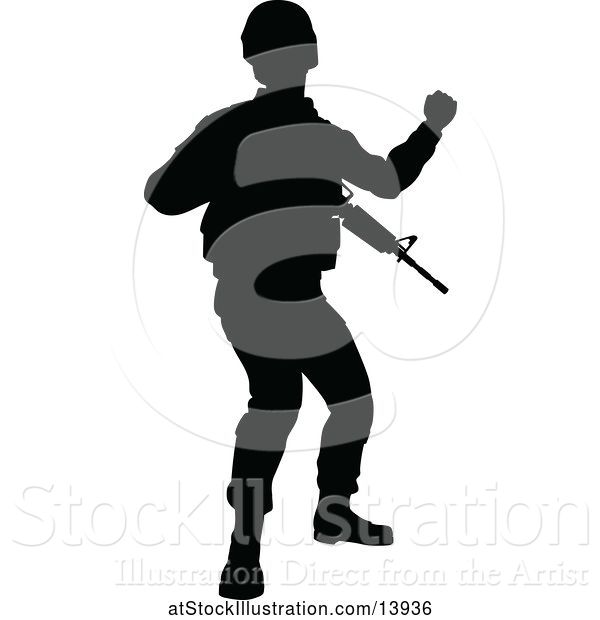 Vector Illustration of Black Silhouetted Male Armed Soldier