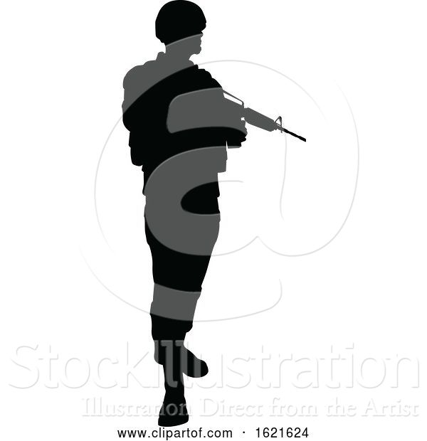 Vector Illustration of Black Silhouetted Male Armed Soldier