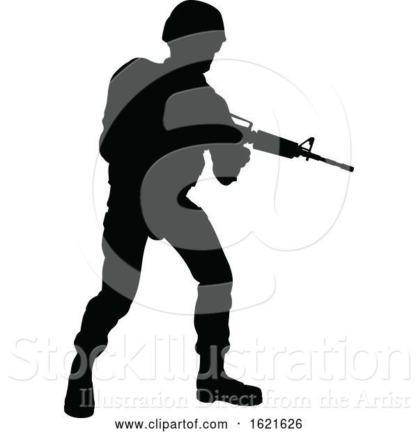 Vector Illustration of Black Silhouetted Male Armed Soldier