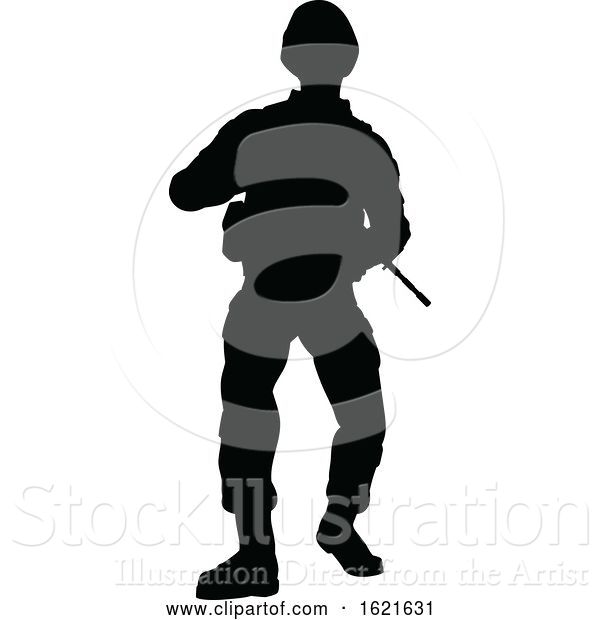 Vector Illustration of Black Silhouetted Male Armed Soldier