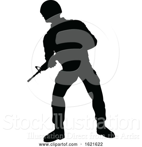 Vector Illustration of Black Silhouetted Male Armed Soldier