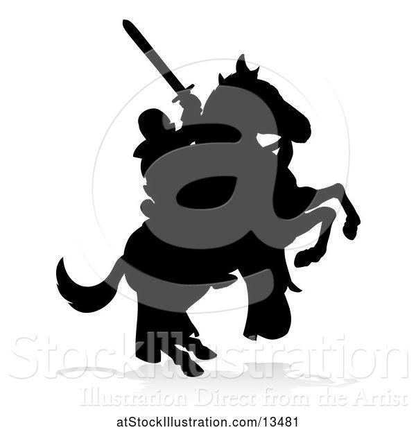 Vector Illustration of Black Silhouetted Medieval Knight on a Rearing Horse, with a Shadow on a White Background