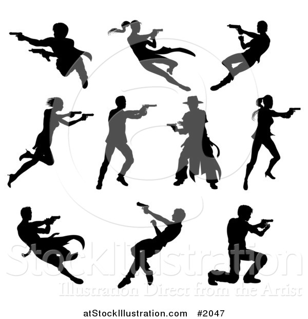 Vector Illustration of Black Silhouetted Men and Women Shooting