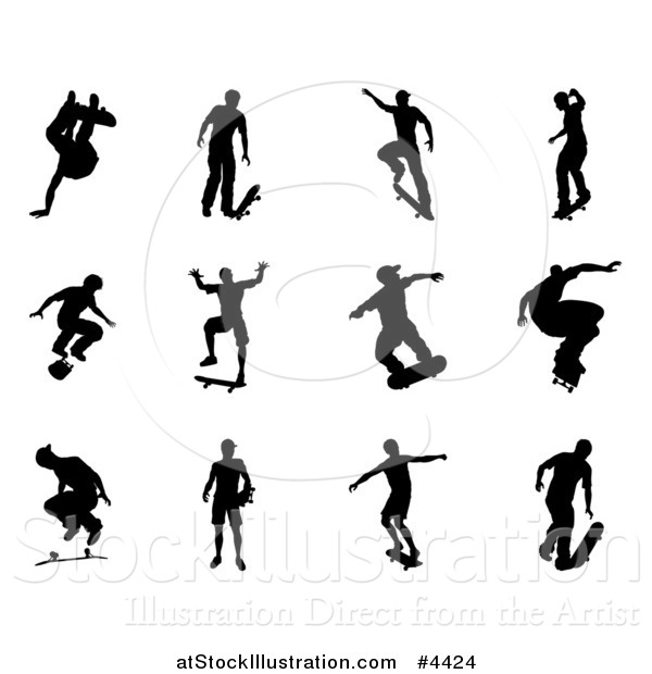 Vector Illustration of Black Silhouetted Skateboarders