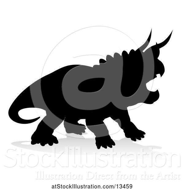 Vector Illustration of Black Silhouetted Triceratops Dinosaur, with a Shadow on a White Background