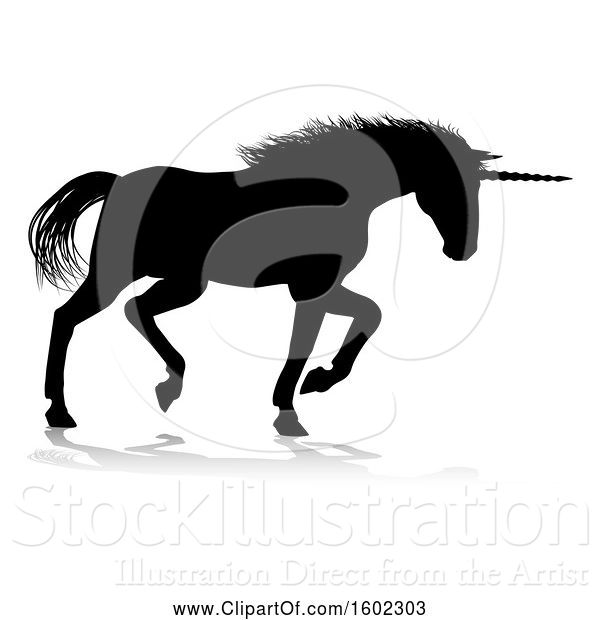 Vector Illustration of Black Silhouetted Unicorn Horse, with a Reflection or Shadow, on a White Background