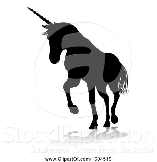 Vector Illustration of Black Silhouetted Unicorn Horse, with a Reflection or Shadow, on a White Background