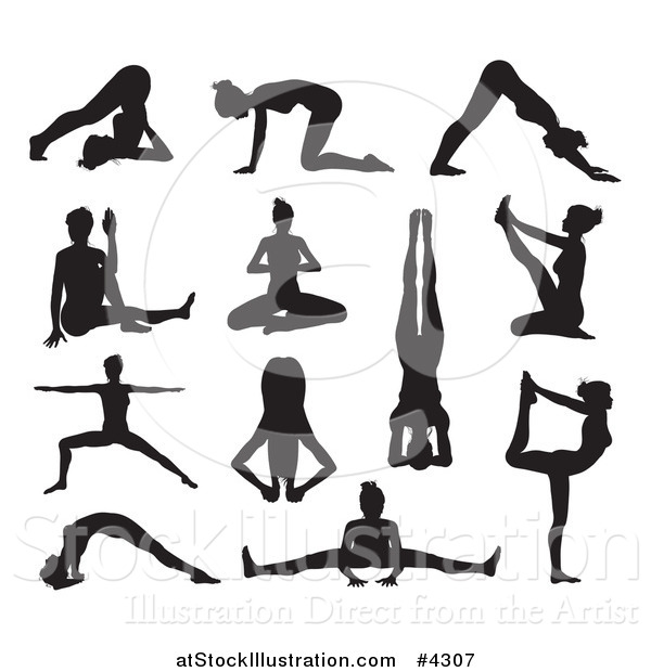 Vector Illustration of Black Silhouetted Women in Yoga or Pilates Poses