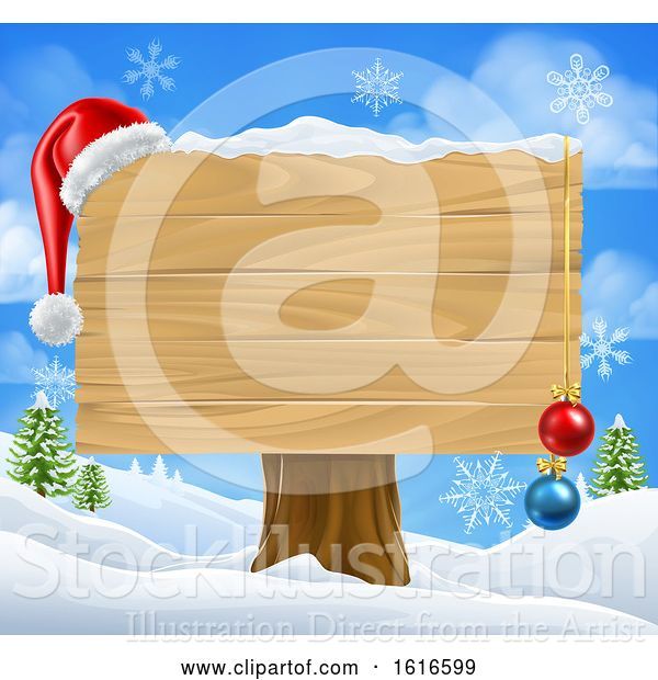 Vector Illustration of Blank Christmas Sign with a Santa Hat in the Snow