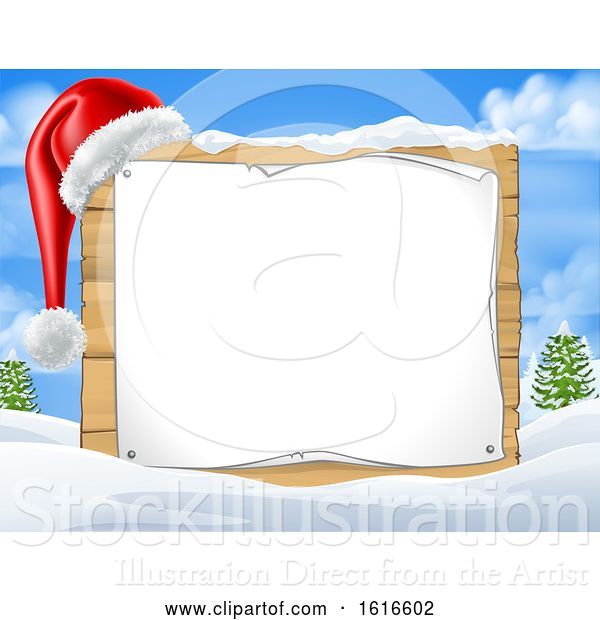 Vector Illustration of Blank Christmas Sign with a Santa Hat in the Snow