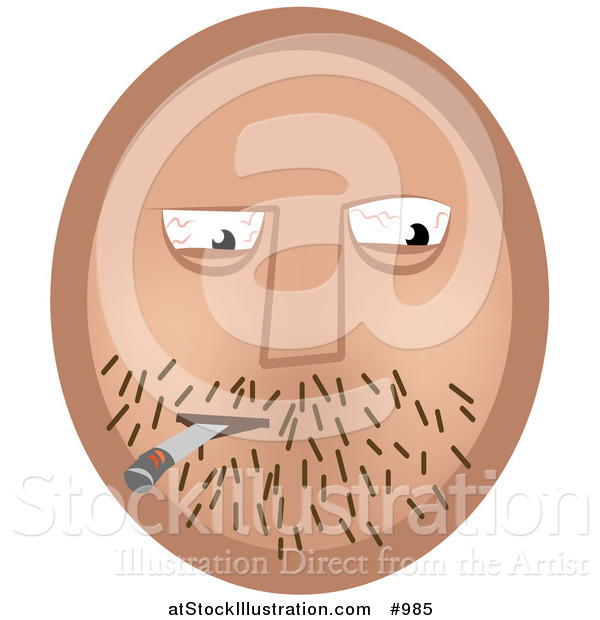 Vector Illustration of Bloodshot Eyes Emoticon with Overgrown Facial Hair While Smoking a Cigarette - Tan Version
