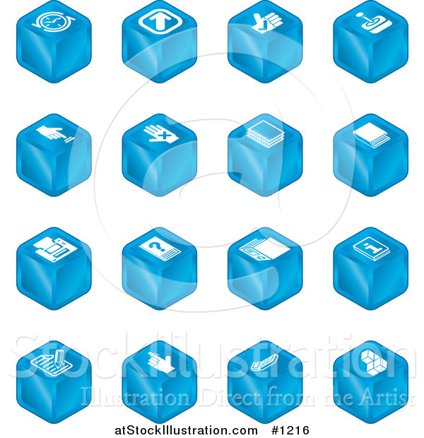 Vector Illustration of Blue Cube Icons: Arrows, Joystick, Button, Printer, Information, Compose, Reminder, Calculator and Cubes