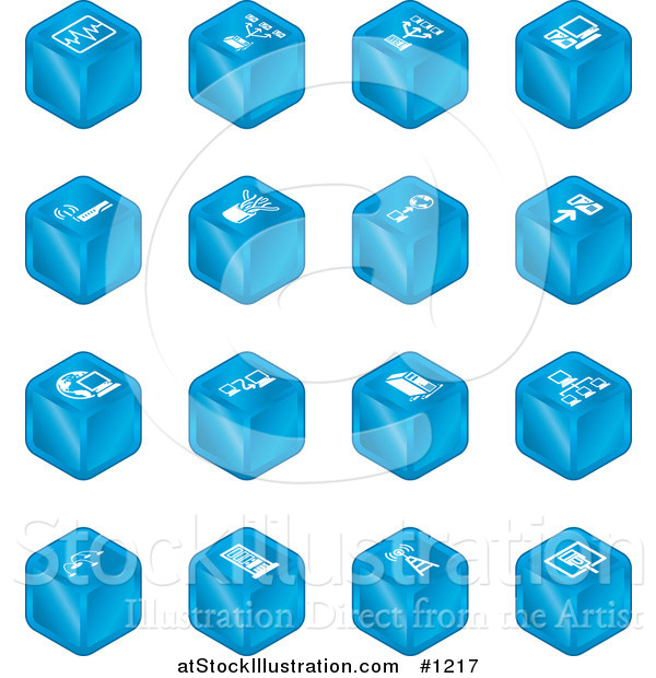 Vector Illustration of Blue Cube Icons: Charts, Connections, Computers, Wireless, Cables, and Communications