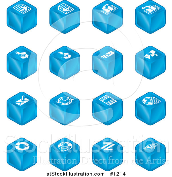 Vector Illustration of Blue Cube Icons: Page Forward, Page Back, Upload, Download, Email, Snail Mail, Envelope, Refresh, News, Www, Home Page, and Information