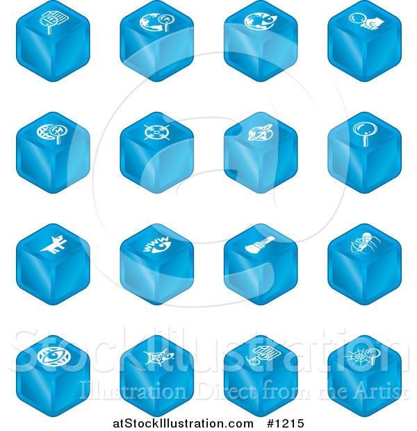 Vector Illustration of Blue Cube Icons: Searches, View Finders, Www, Magnifying Glasses, Dogs, Flashlight, and Spider