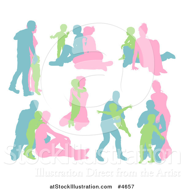 Vector Illustration of Blue Green and Pink Silhouetted Families