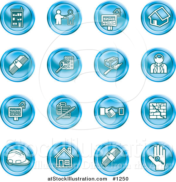 Vector Illustration of Blue Icons: Apartments, Handshake, Real Estate, House, Money, Classifieds, Brick Laying, Businessman, Hardhat and a Key