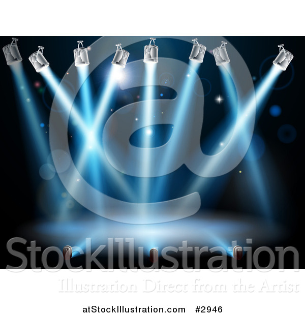 Vector Illustration of Blue Search or Spot Lights Shining over a Stage