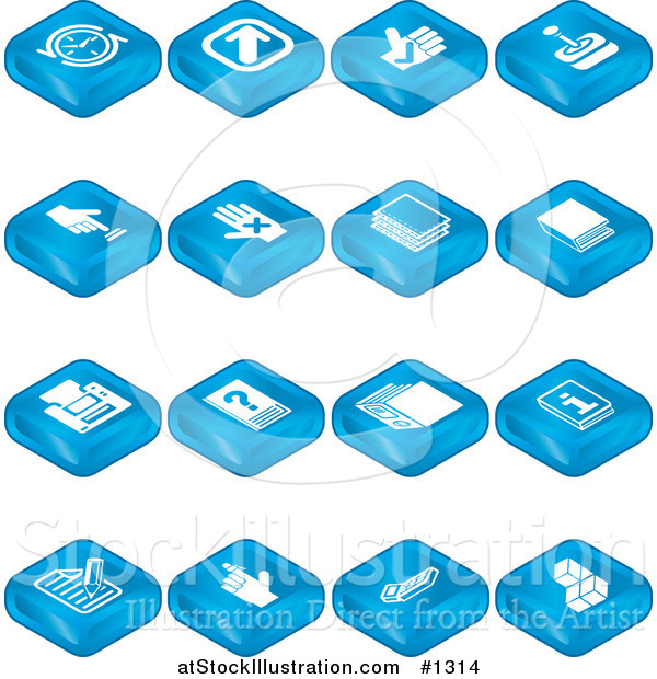 Vector Illustration of Blue Tablet Icons: Arrows, Joystick, Button, Book, Printer, Questions, Information, Compose, Reminder, Calculator and Cubes