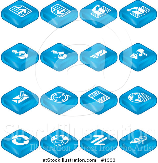 Vector Illustration of Blue Web Browser Tablet Icons: Forward and Back Buttons, Upload, Download, Email, Snail Mail, News, Refresh, Home and Search