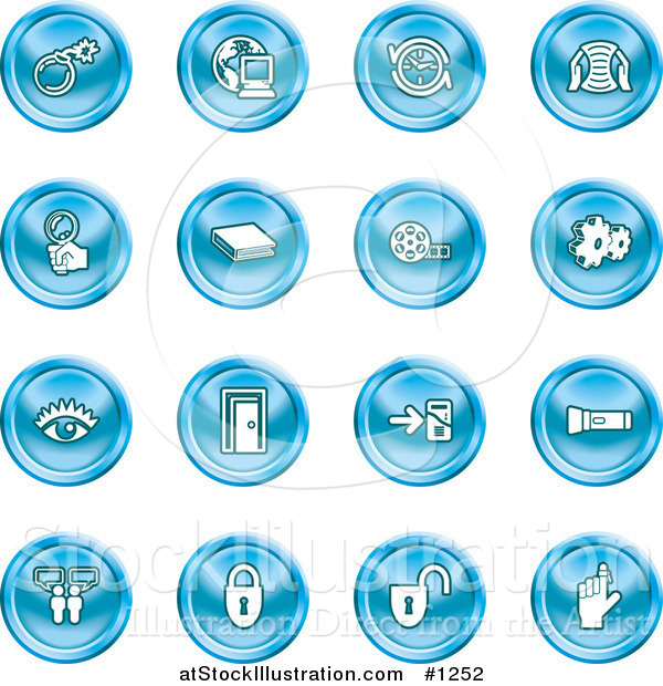 Vector Illustration of Bomb, Computer, Letter, Magnifying Glass, Book, Film, Cogs, Eye, Door, Flashlight, Messenger, Padlocks and Reminder