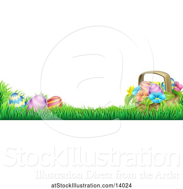 Vector Illustration of Border of a Basket and Eggs with Flowers in Grass