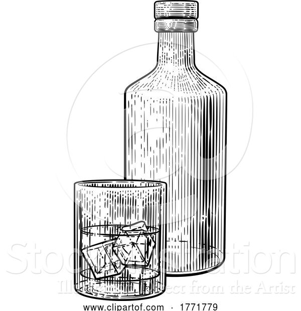 Vector Illustration of Bottle and Glass with Ice Drink Vintage Drawing