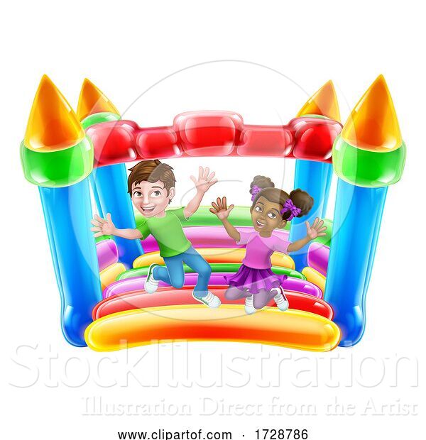 Vector Illustration of Bouncy House Castle Jumping Girl Boy Children