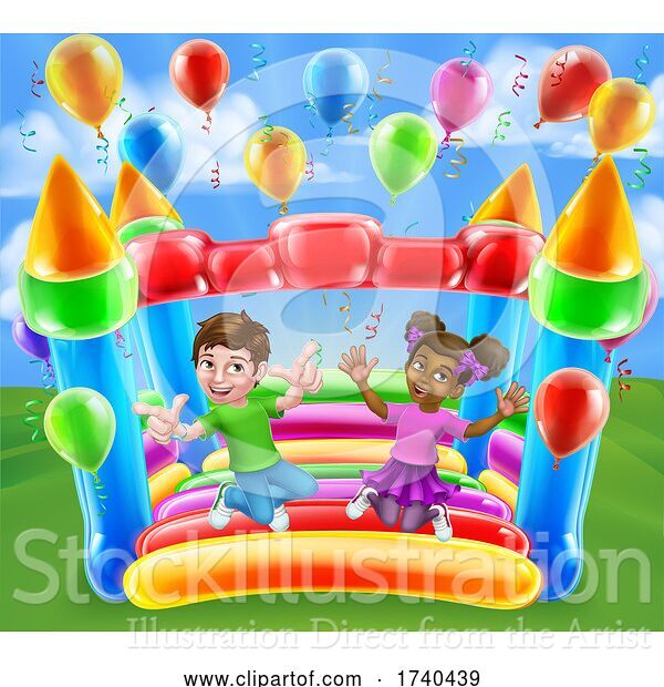 Vector Illustration of Bouncy House Castle Jumping Girl Boy Children