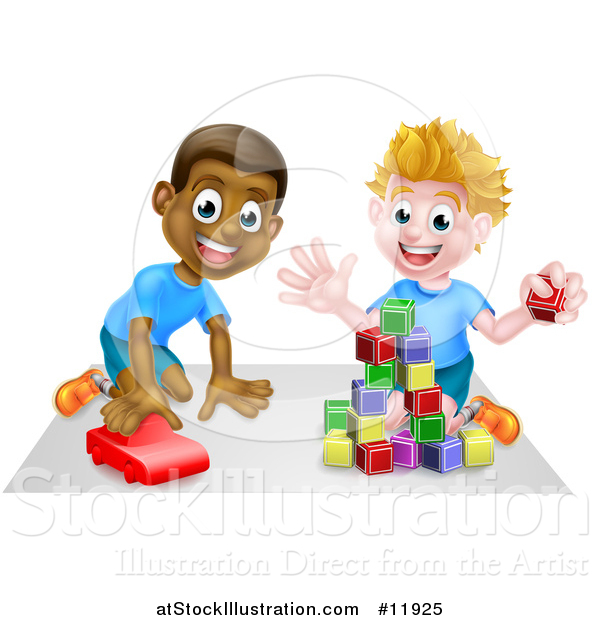 Vector Illustration of Boys Playing with Blocks and a Toy Car