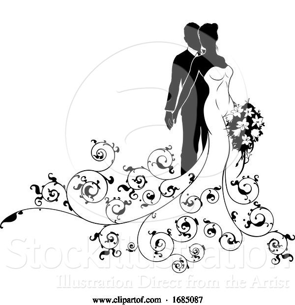 Vector Illustration of Bride and Groom Wedding Silhouette Concept