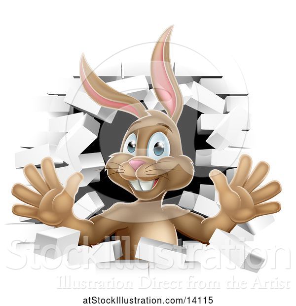 Vector Illustration of Brown Easter Bunny Rabbit Breaking Through a White Brick Wall