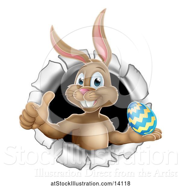 Vector Illustration of Brown Easter Bunny Rabbit Giving a Thumb up and Holding an Egg While Emerging from a Hole