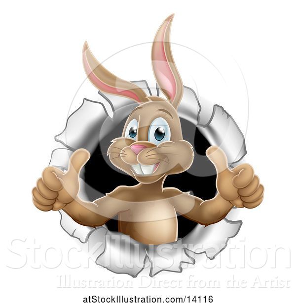 Vector Illustration of Brown Easter Bunny Rabbit Giving Two Thumbs up and Emerging from a Hole