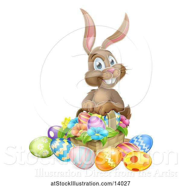Vector Illustration of Brown Easter Bunny Rabbit with a Basket of Eggs and Flowers
