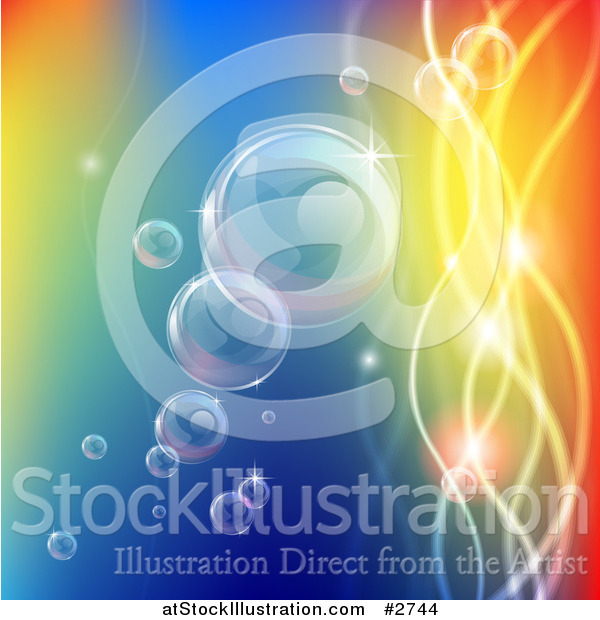 Vector Illustration of Bubbles Floating with Colorful Orbs and Waves