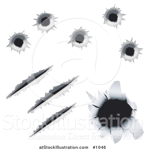 Vector Illustration of Bullet Holes and Gashes in Metal, over a White Background