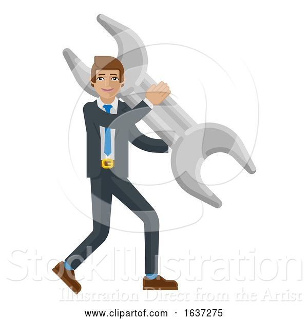 Vector Illustration of Businessman Holding Spanner Wrench Mascot Concept