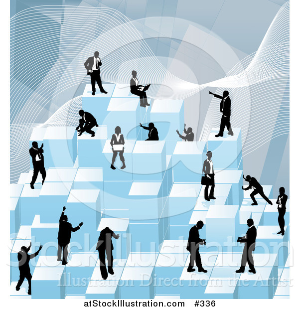 Vector Illustration of Businessmen Working Together As a Team to Stack Blue Building Blocks of Success
