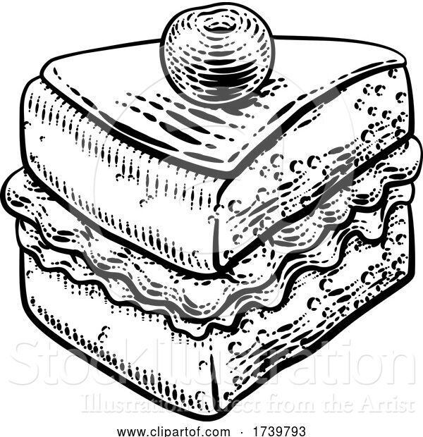 Vector Illustration of Cake Sponge Slice Jam Cream Woodcut Drawing