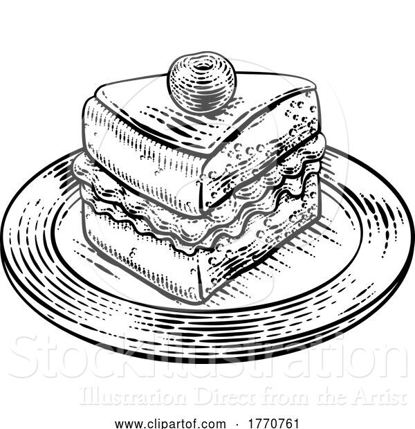 Vector Illustration of Cake Sponge Slice Jam Cream Woodcut Drawing