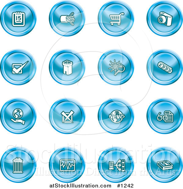 Vector Illustration of Calendar, Cables, Shopping Cart, Camera, Check Mark, Fortress, News, Trash Can, Chart, Networking and Information