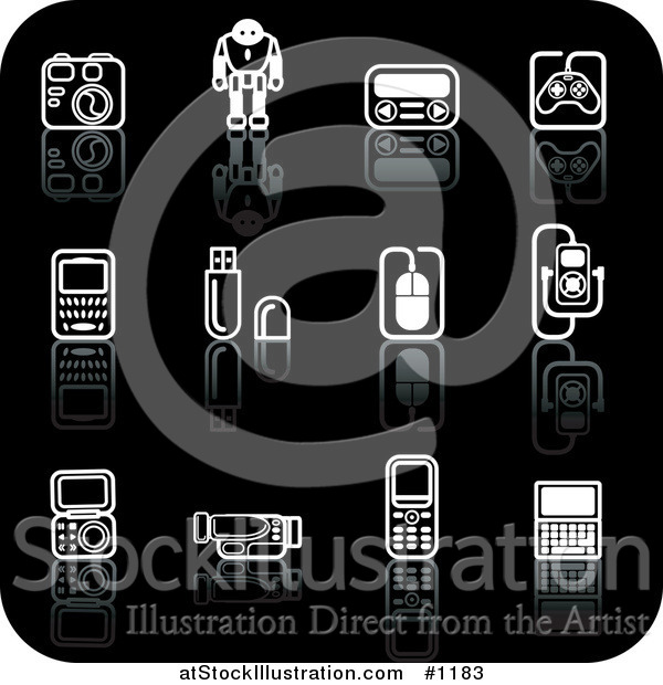 Vector Illustration of Camera, Robot, Controller, Cell Phones, Memory Cards, Computer Mouse, Mp3 Player, and Video Camera on a Black Background