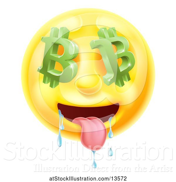 Vector Illustration of Cartoon 3d Drooling Yellow Male Smiley Emoji Emoticon Face with Bitcoin Symbol Eyes