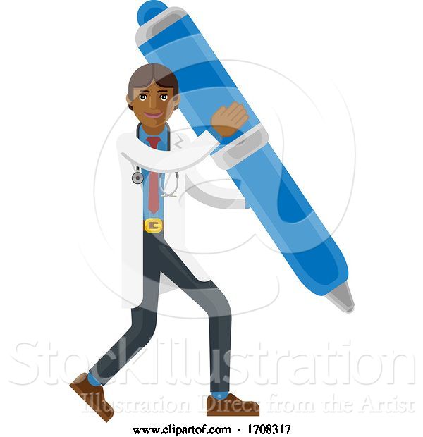 Vector Illustration of Cartoon Asian Doctor Guy Holding Pen Mascot Concept