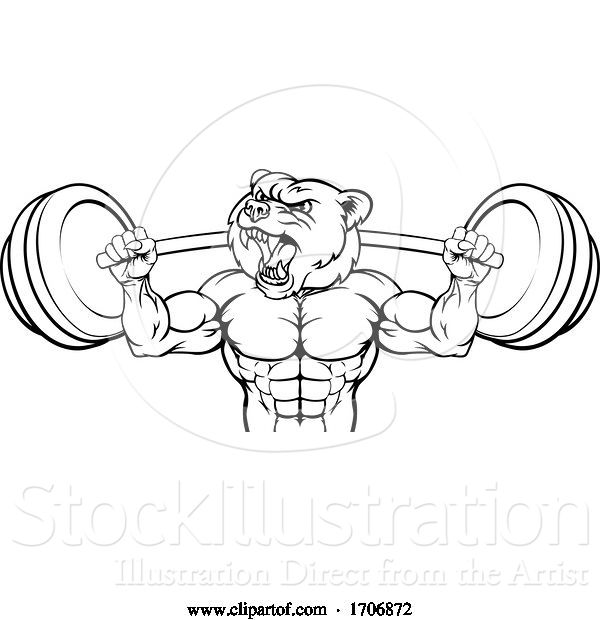 Vector Illustration of Cartoon Bear Mascot Weight Lifting Barbell Body Builder